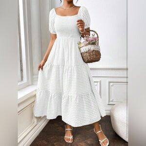 Fashion Elegant White Maxi Summer Dress Square neck Puff sleeve A line Dress M